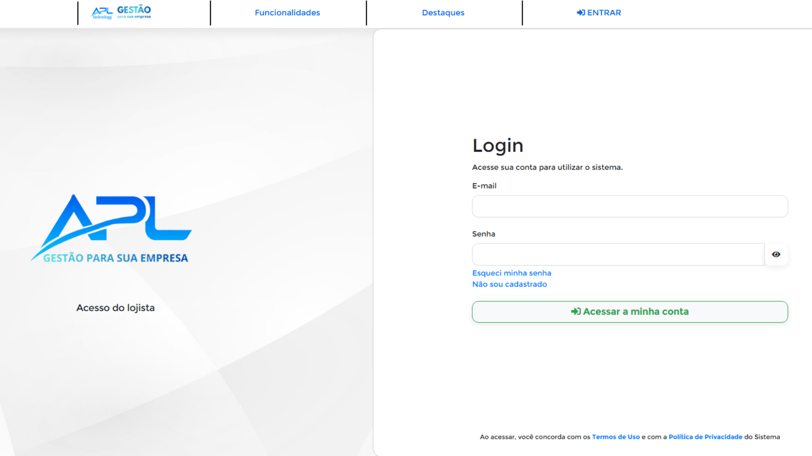 Tela de login do APL Gestão